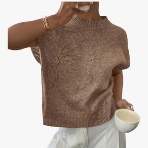 SOLY HUX Coffee Brown Sleeveless Sweater with Floral Design Medium